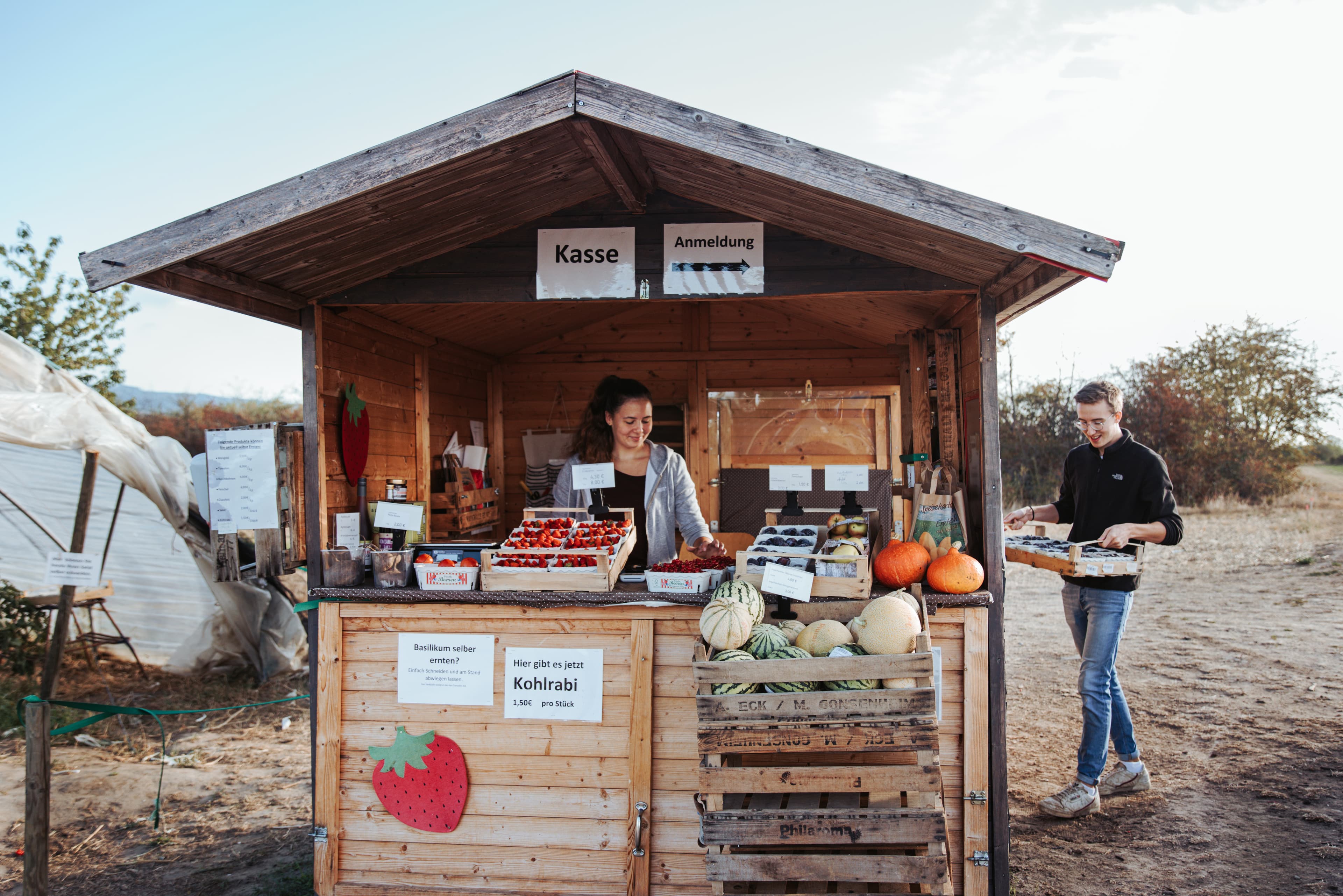 Gemüsestand mit Verkäuferin und Kunden auf dem Land